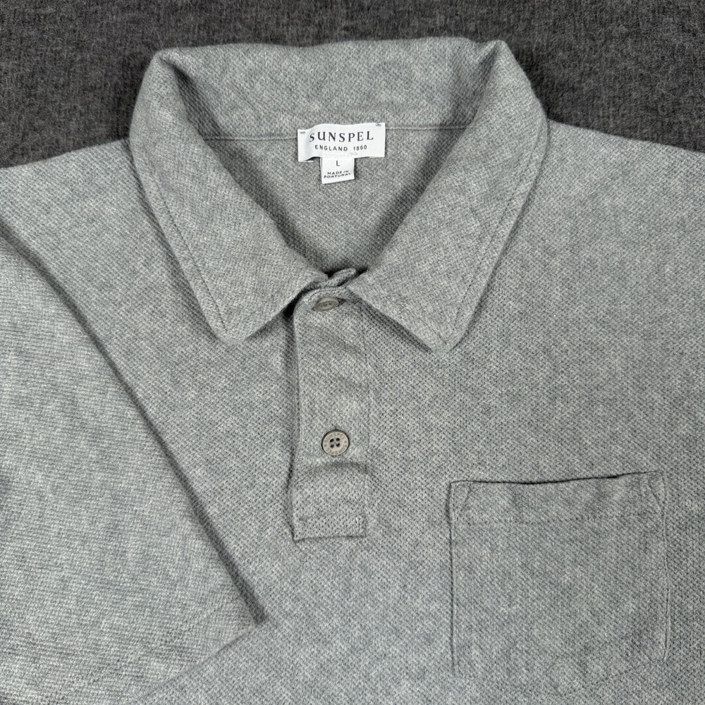 Sunspel Polo Shirt Mens Large Gray Chest Pocket Cotton Short Sleeve Casual Boxy